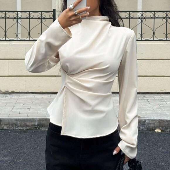 Apricot Elegant Women's Stand Collar Pleated Long Sleeve Blouse - Picture 5 of 6